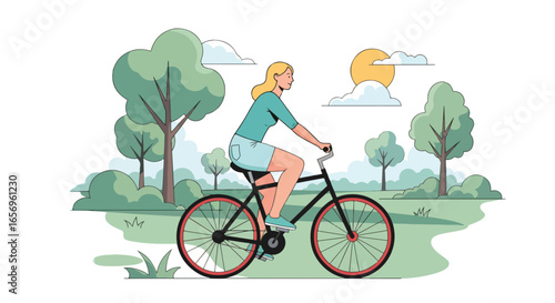 Flat style vector illustration of a woman cycling during her summer holiday in a park landscape