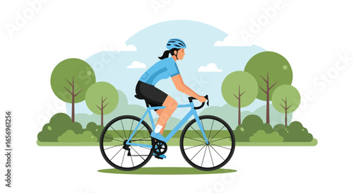 Flat style vector illustration of a woman cycling during her summer holiday in a park landscape