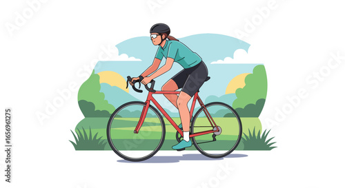 Flat style vector illustration of a woman cycling during her summer holiday in a park landscape