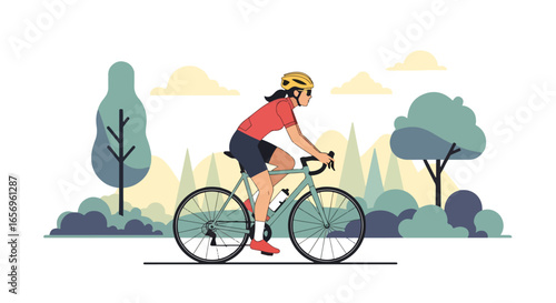Flat style vector illustration of a woman cycling during her summer holiday in a park landscape