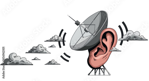 Human ear with satellite dish on communication tower amid clouds