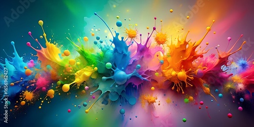 A vibrant explosion of colorful paint splashes creates an abstract and dynamic background, perfect for adding an artistic touch to any design with its bright and expressive texture