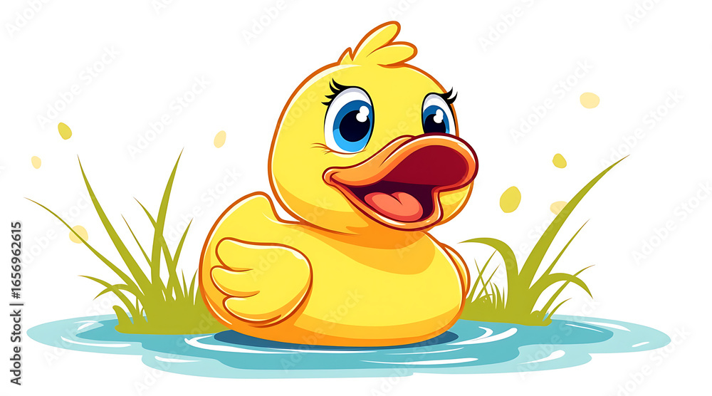 Fototapeta premium Adorable cartoon rubber duck toy floating merrily in a calm blue water pond with green grass