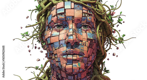 Mosaic face with nature elements featuring vine and brick details