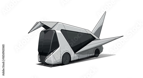 Futuristic origami-inspired bus design with geometric shapes