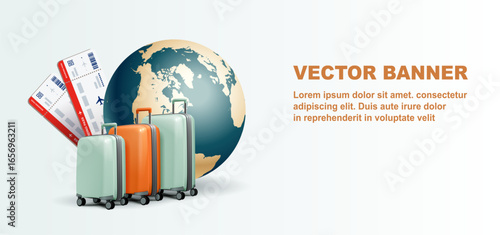 Luggage and airplane tickets with globe for international travel concept