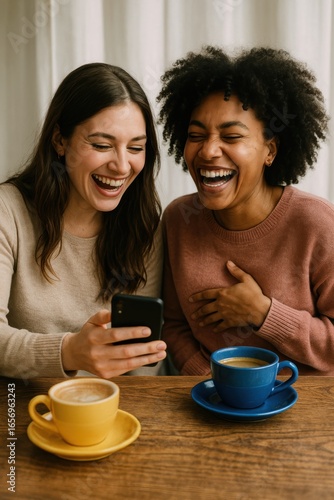 Young women laughing together while looking at smartphone over coffee