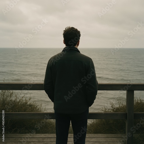 Young caucasian male standing alone by ocean observing cloudy sky