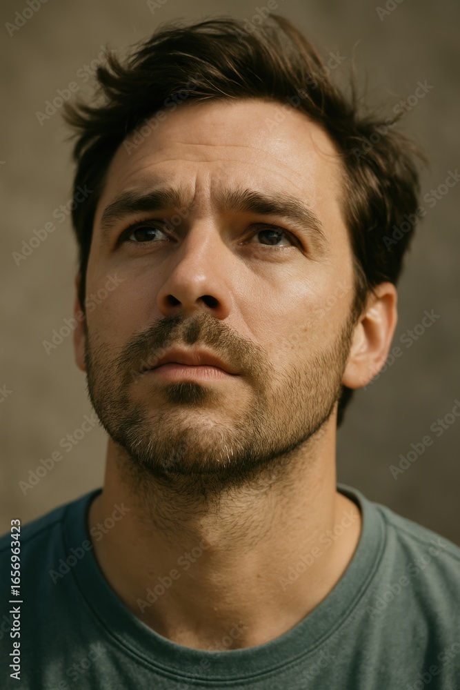 Fototapeta premium Thoughtful young caucasian male gazing upward in natural light
