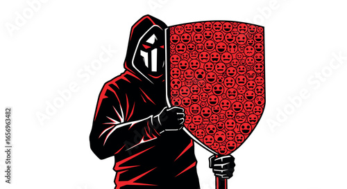 Warrior in hood with mask and emoji shield in red and black style