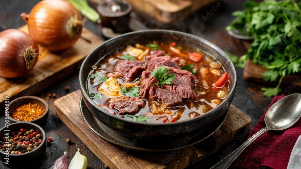 Fototapeta premium The national dish of Armenian cuisine. Onion soup in the Oriental style.