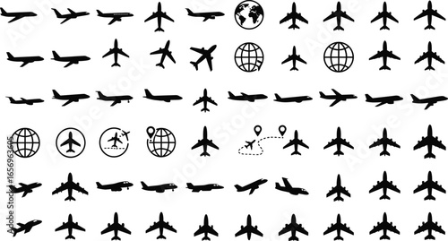 Airplane icons collection, aviation travel symbols, transportation elements, black and white vector illustration, globe graphics, CAD drawing flat vector illustration