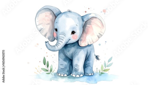 Cute baby elephant watercolor art.