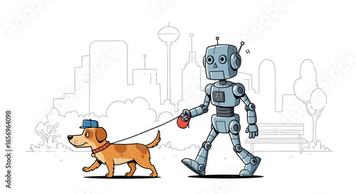 Robot walking dog in urban park with city skyline in the background