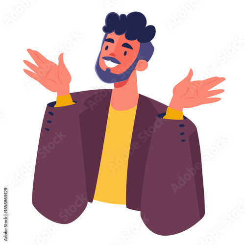 Joyful man excited by positive news in a whirlwind of emotions raises his arms. Smiling character reflects the theme of manifestation of emotions, vector illustration isolated on white background