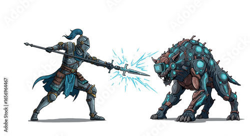 Futuristic knight battles armored beast in epic sci-fi showdown