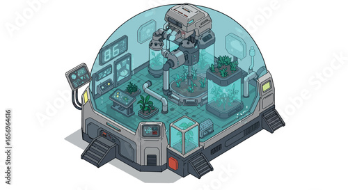 Futuristic isometric greenhouse with advanced technology and robotics