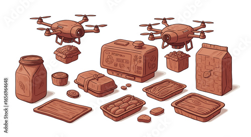 Isometric delivery drones and eco-friendly packaging in a futuristic food concept