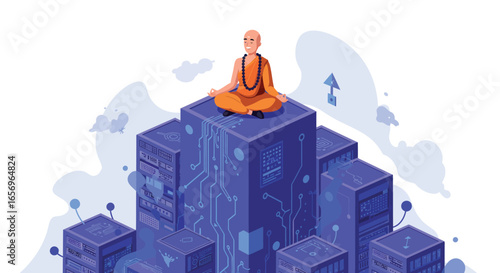 Monk meditating peacefully on futuristic digital servers in calm urban landscape