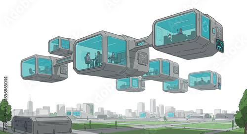 Futuristic floating office pods over a modern cityscape in cartoon style