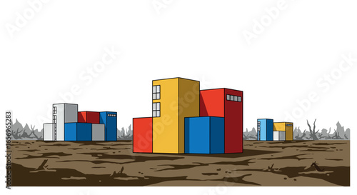 Modern geometric buildings in a desolate landscape with clear sky