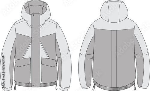 Technical jacket, front view, back view, hooded design, long sleeves, zipper closure, flap pockets, ribbed cuffs, fashion sketch, garment template