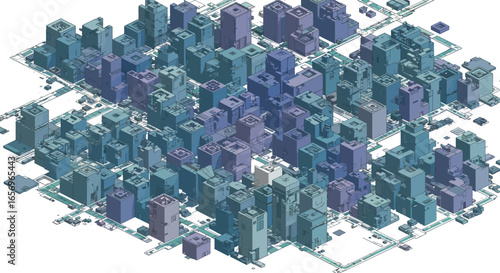 Isometric futuristic cityscape with geometric skyscrapers and urban grid layout
