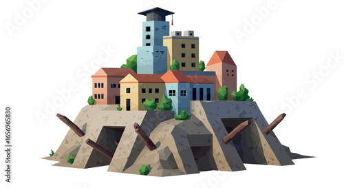 Colorful geometric village on rocky hill with trees and buildings