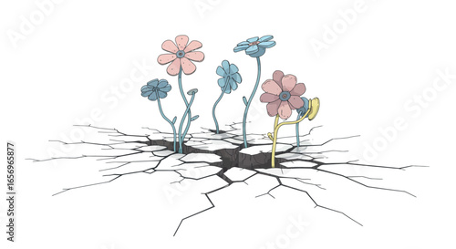 Resilient flowers growing from cracked earth: symbol of hope and renewal