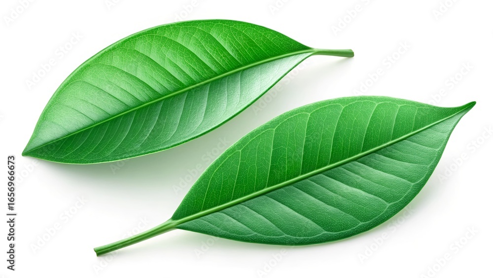 Obraz premium Two fresh green leaves isolated on white background representing nature and growth