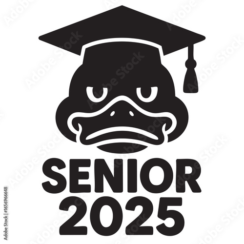 Senior 2025 Graduation Design Featuring a Platypus Wearing a Graduation Cap in Black and White