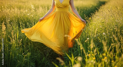 Woman in Flowing Yellow Dress Amidst Golden Hour Meadow Sunlight