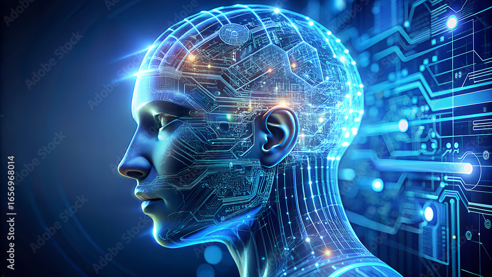 Close up profile of a futuristic human head with glowing blue circuitry and digital data streams representing artificial intelligence and advanced technology concepts Close up profile of a futuristic human head with glowing blue circuitry and digital data streams representing artificial intelligence and advanced technology concepts