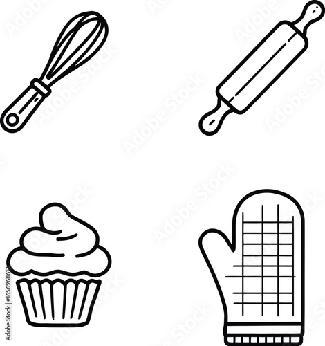 A collection of baking icons featuring a whisk, rolling pin, cupcake, and oven mitt in line art