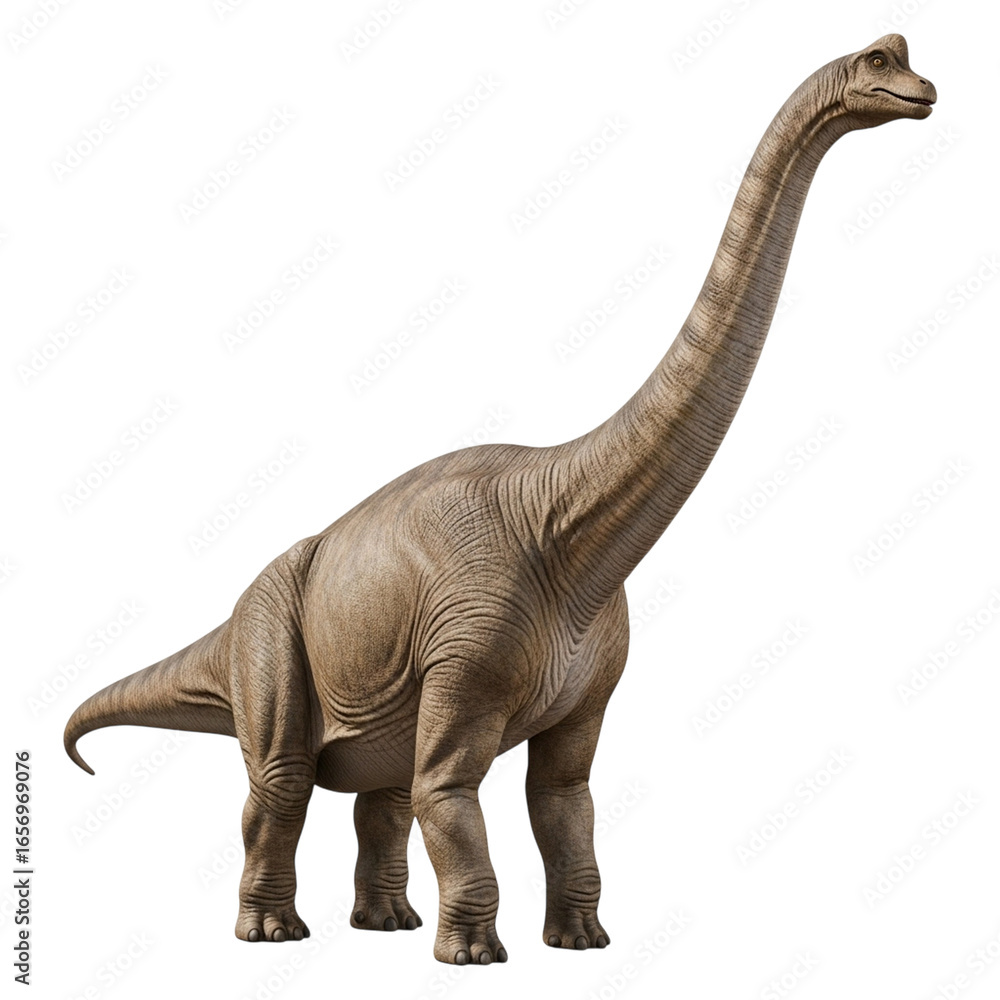 Obraz premium Majestic brachiosaurus dinosaur with long neck and tail in a realistic 3d render transparent background