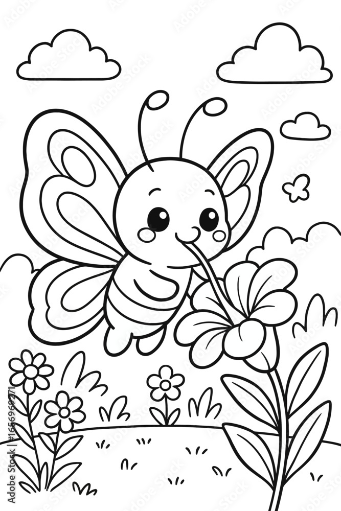 Fototapeta premium Adorable butterfly sipping nectar from a flower in a garden illustration