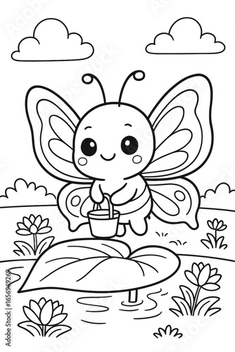 Adorable butterfly with bucket stands on leaf in idyllic nature scene