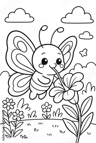 Adorable butterfly sipping nectar from a flower in a garden illustration