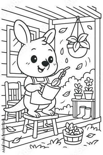 Adorable kangaroo gardening on the porch with plants and autumn leaves