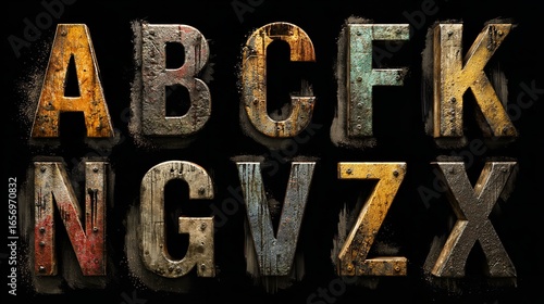 Distressed Metallic Alphabet A tribute to aged industry with textured metal and rivets on a black