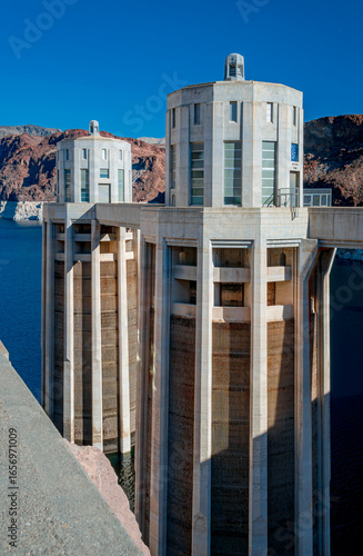 Photography Hoover Dam and surrounding infrastructure on the Colorado River between Arizona