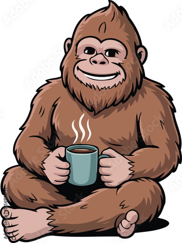 Smiling bigfoot cartoon style character vector sitting cross legged holding a steaming mug of coffee on a white background