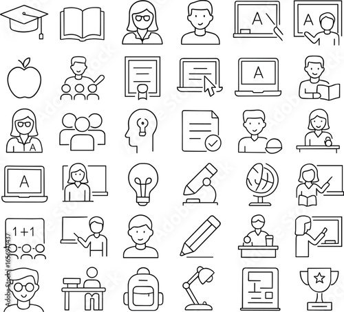 Education and school icon set with teacher, student, book, laptop, pencil, graduation cap, classroom, certificate, backpack, and learning symbols.