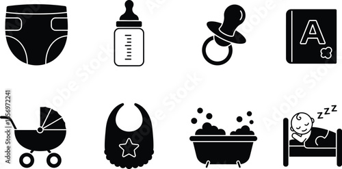 Baby care icon set with diaper, bottle, pacifier, stroller, bib, bath tub, sleeping infant, childcare parenting vector design.