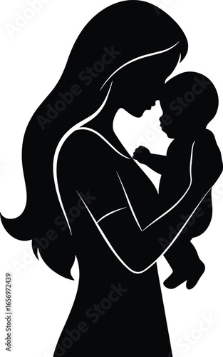 Mother silhouette holding baby, symbol of love, family care, motherhood, parenting, maternal bond, maternity and child protection illustration.