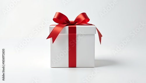 White gift box with red ribbon and bow celebration