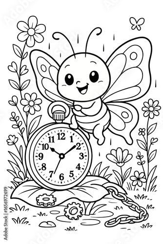 Butterfly sitting on a clock surrounded by flowers in a whimsical design