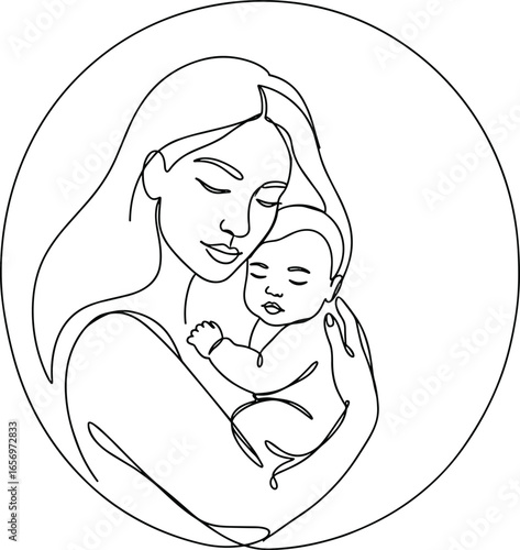 One line drawing of mother holding baby in arms, minimalist vector illustration symbolizing motherhood, maternal love, family care, and parenting.