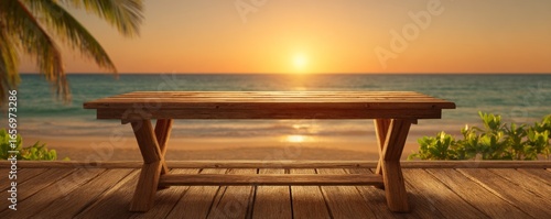 Wooden Table at Sunset Beach Tropical Ocean View Composition, Beach Scene, Summer Vacation, Relaxation beach photography, sunset scene