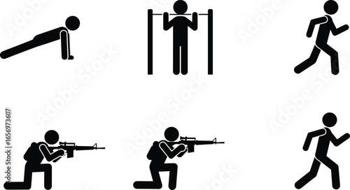 Military training stick figure vector set with soldiers running, exercising, and aiming rifles. Army fitness and tactical exercise icons.